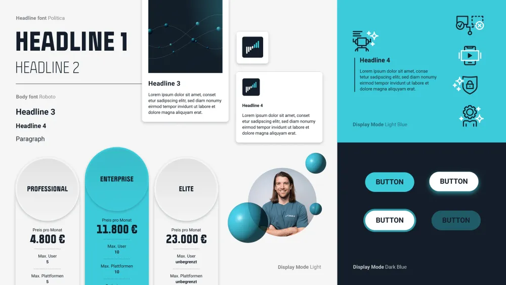 User Interface Übersicht unterschiedlicher UI Elemente in Türkis und Grau