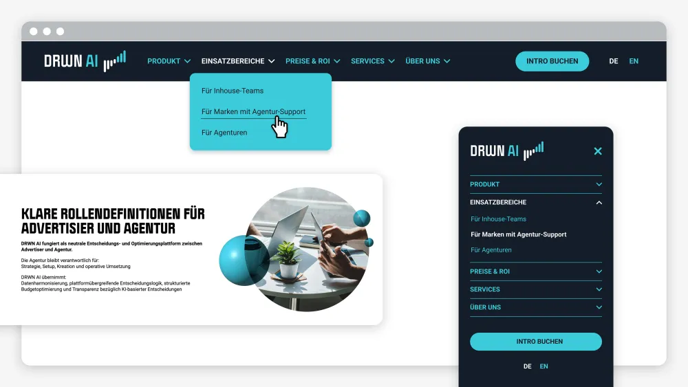 Screenshot einer Website-Benutzeroberfläche mit Dashboard, Formularen und einem Profilfoto