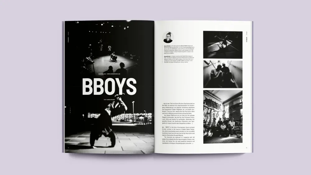 Geöffnetes Magazin mit Schwarzweißfotografie von BBoys auf violettem Hintergrund