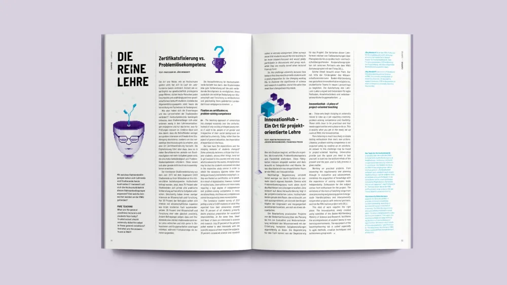 Aufgeschlagenes Magazin mit Artikeln und Grafiken