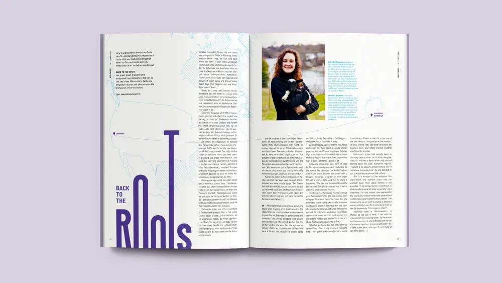 Geöffnetes Magazin mit Foto und Text