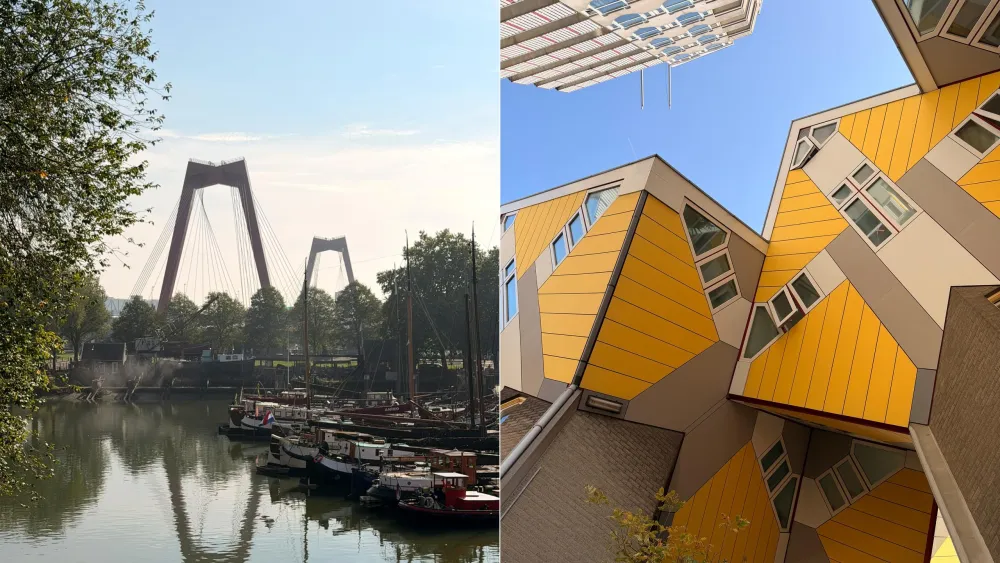 Collage of two images: Willemsbrug, Rotterdam; cubic houses