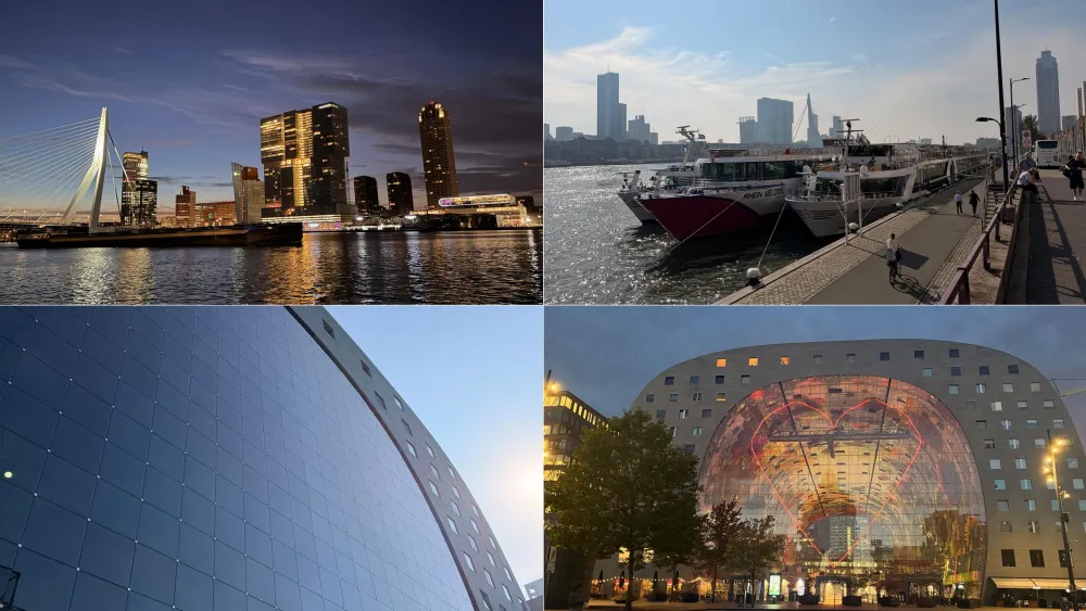 A collage featuring four scenes from Rotterdam: the skyline, a bridge, a square and a domed building