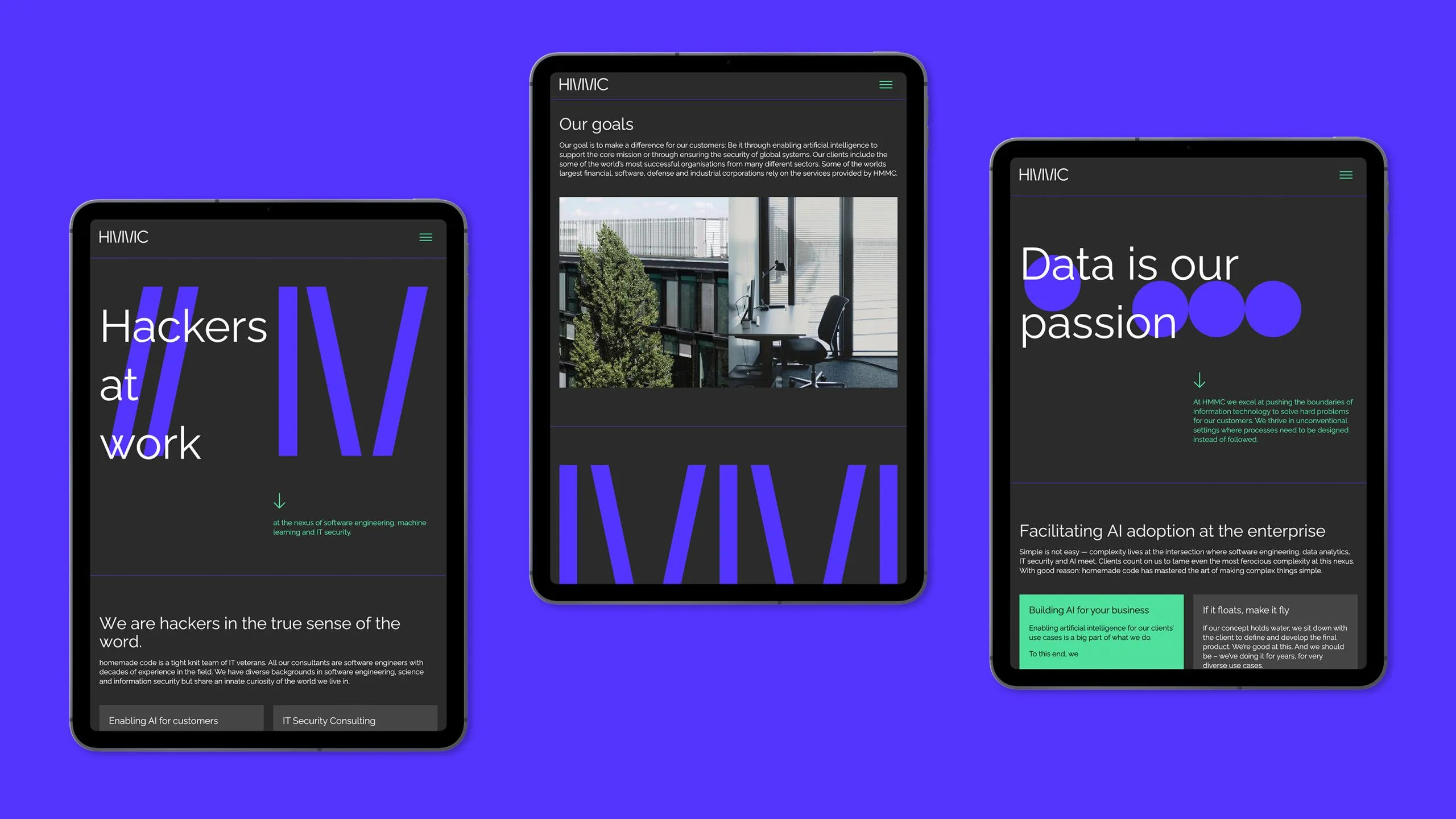 Drei Tablet-Ansichten zeigen verschiedene Seiten der Website