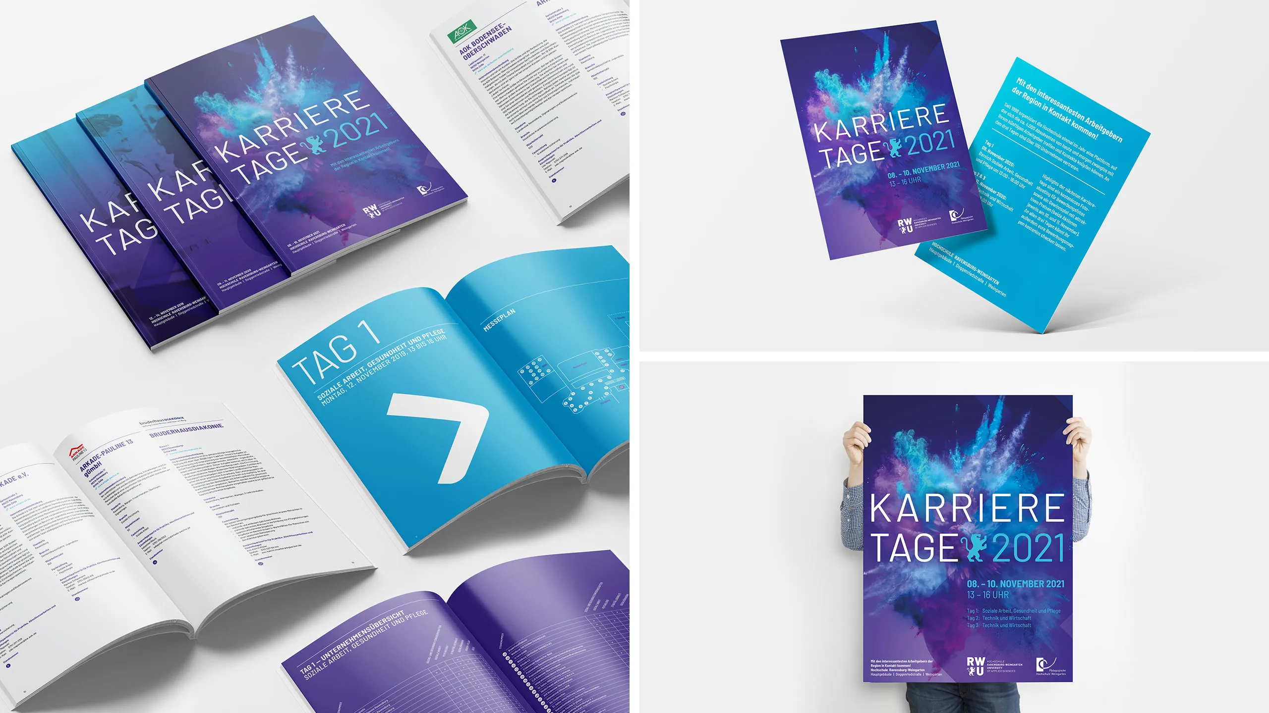 Mockup verschiedener Broschüren und Flyer in Lila- und Blautönen mit grafischen Designs
