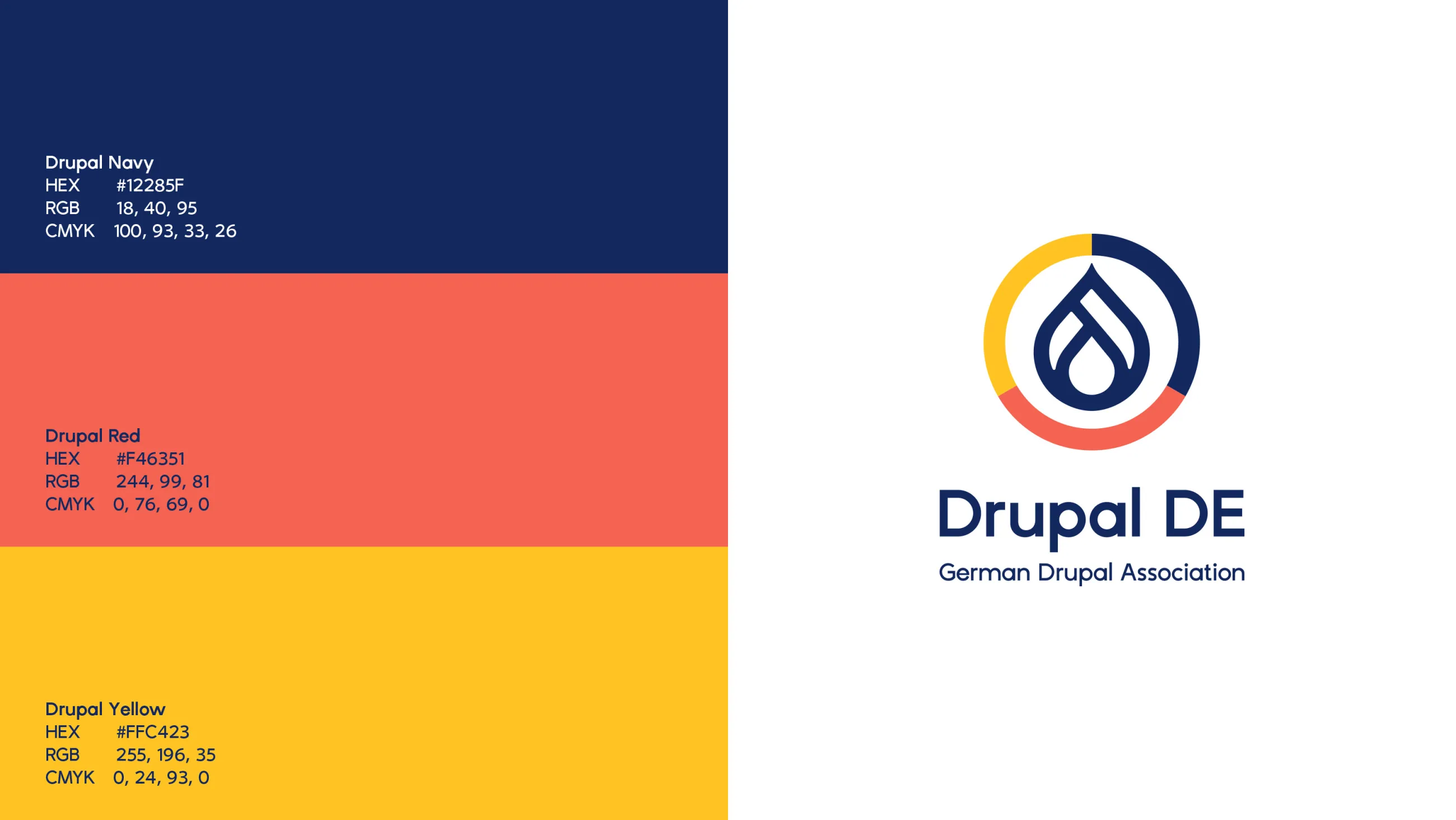 Drupal DE Logo mit Farbpalette in Dunkelblau, Rot, Orange und Gelb mit RGB- und Hex-Codes