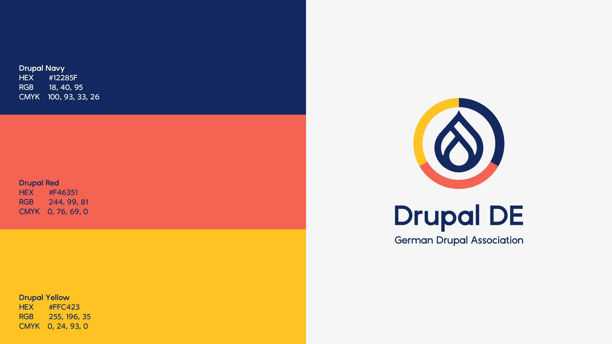 Drupal DE Logo mit Farbpalette in Blau, Orange und Gelb mit CMYK-Werten