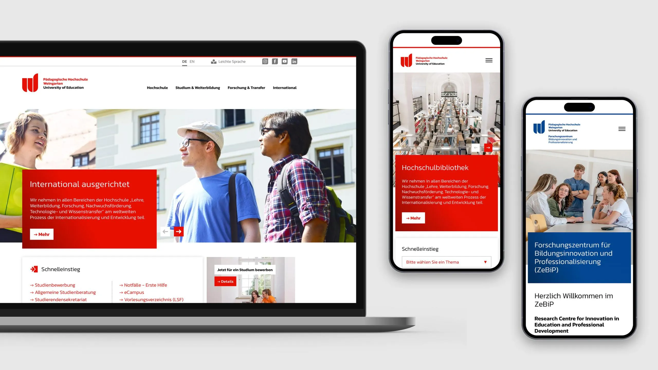 Responsive Webdesign auf Laptop, Tablet und Smartphone mit rotem Branding