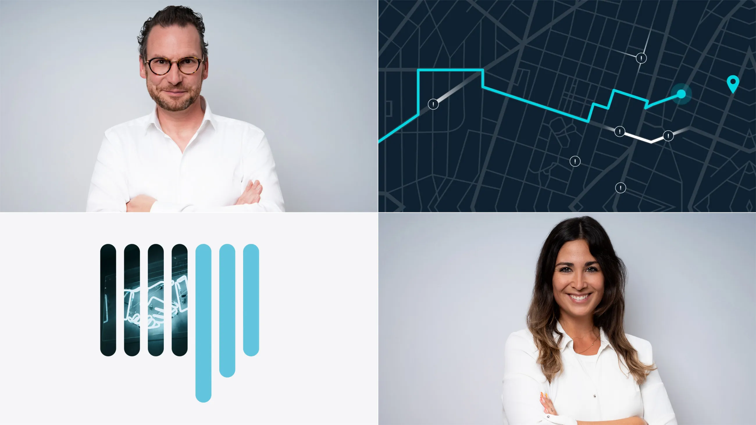 Zwei Personen in Weiß vor Hintergründen mit Datenanalyse-Grafiken und Balkendiagrammen