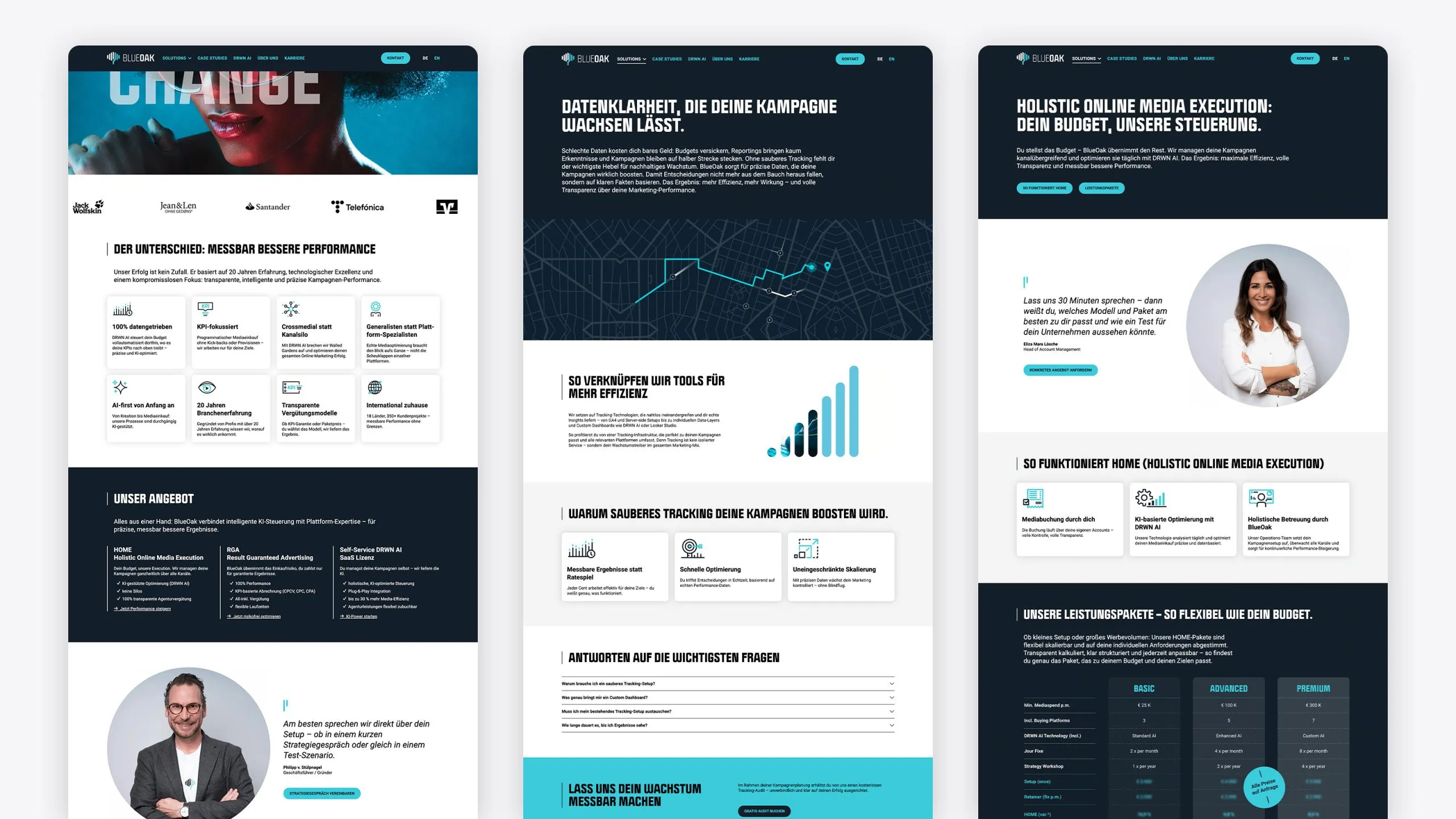 Drei Screenshots von Webseiten-Designs mit Dashboards, Grafiken und Geschäftsinformationen