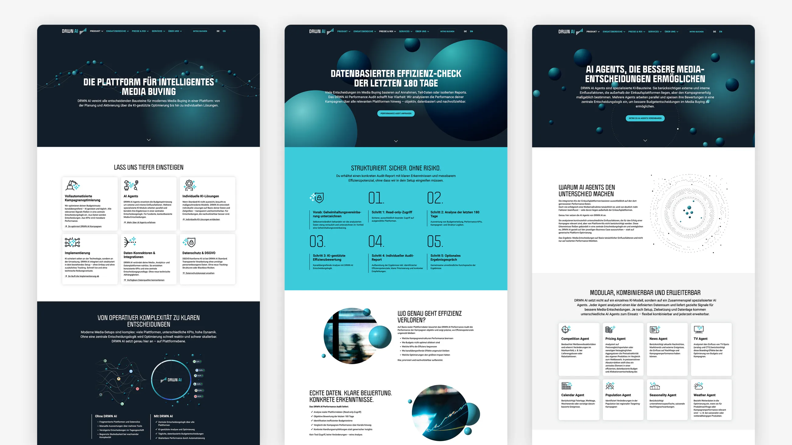Website Screens mit Datenvisualisierungen, Grafiken und Text in Türkis, Weiß und Dunkelblau