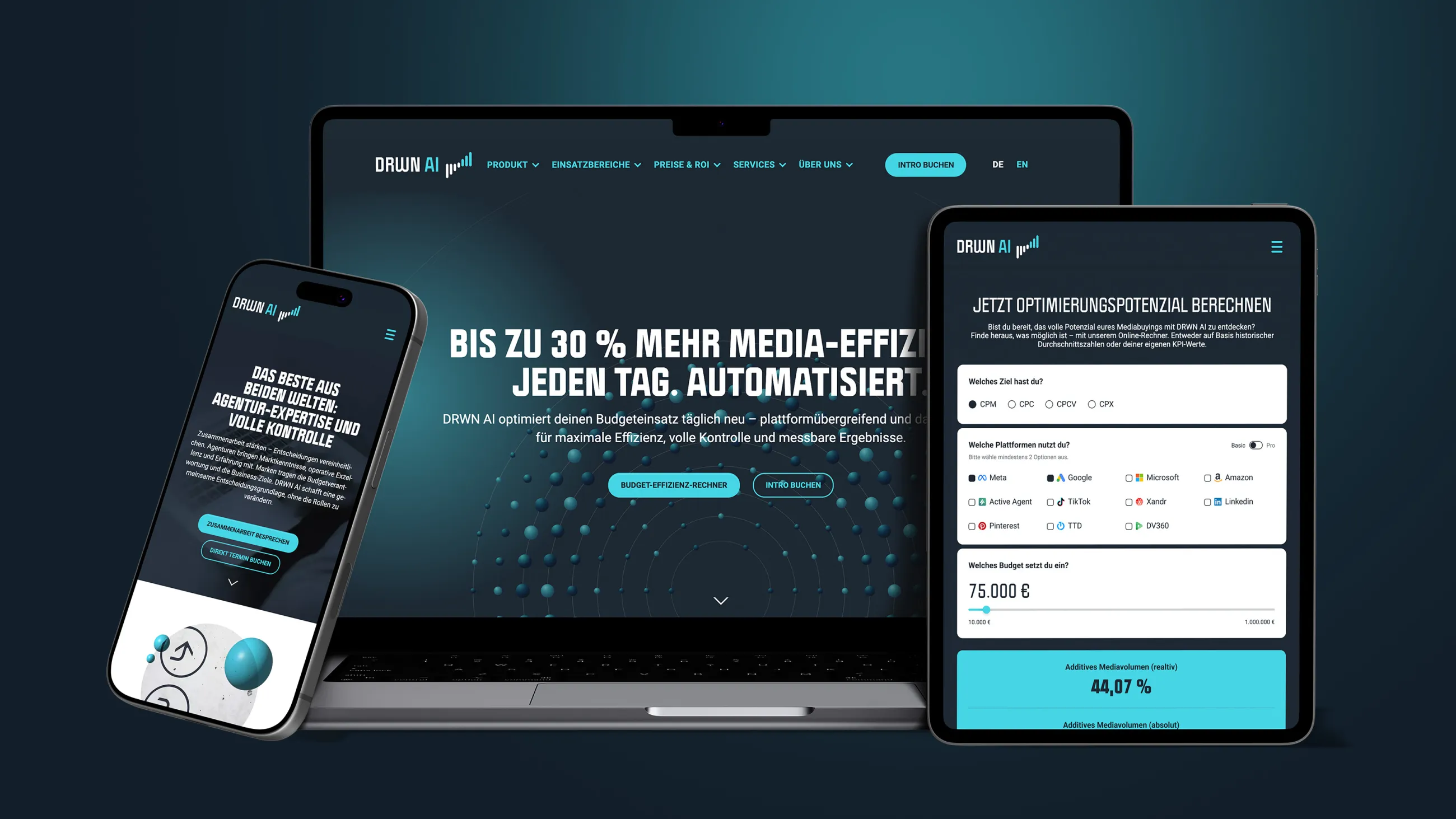 Responsive Webdesign auf Laptop, Tablet und Smartphone mit dunklem Interface