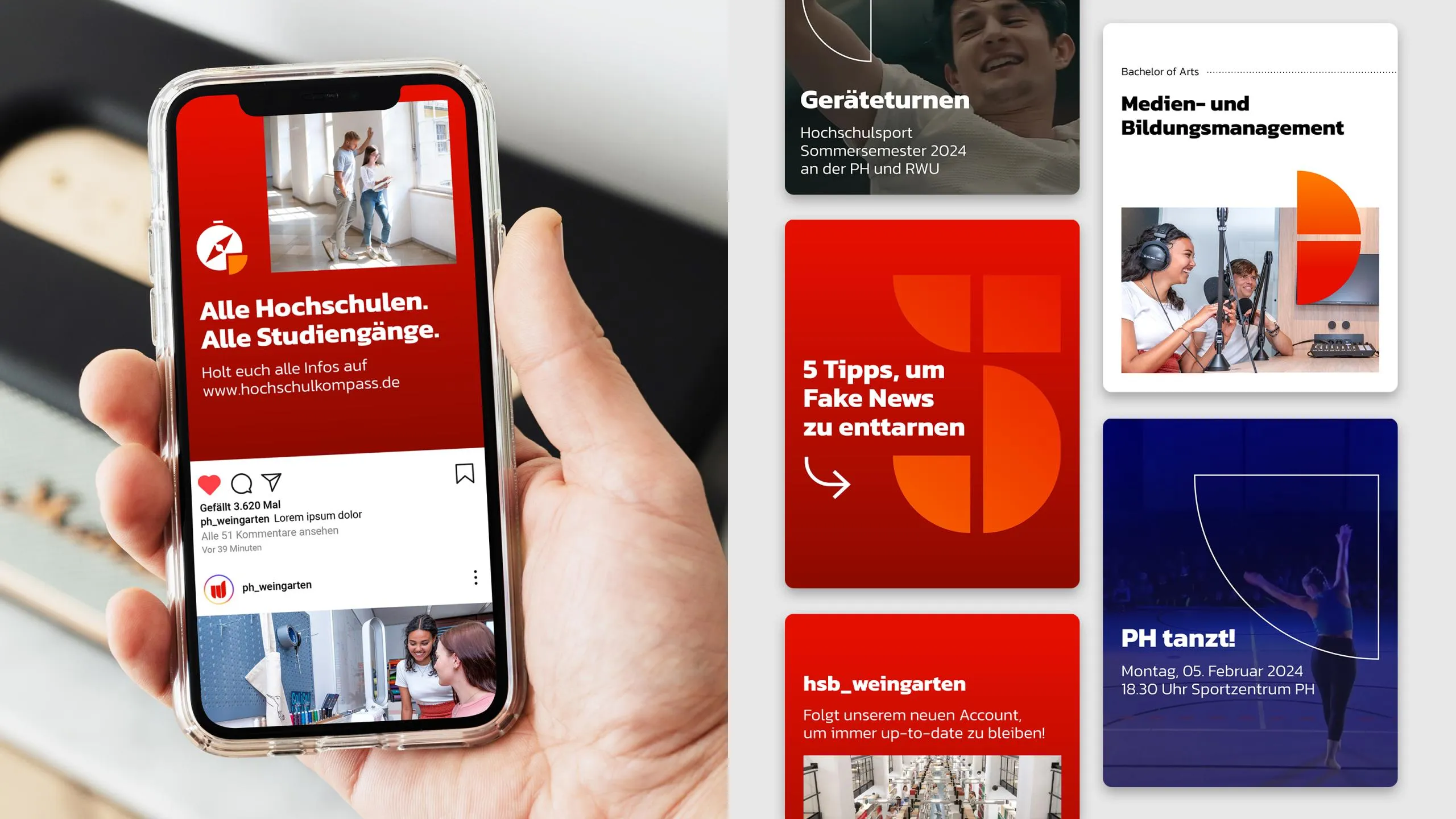 Hand hält Smartphone mit roter App-Oberfläche, daneben Content-Kacheln in Rot und Grau