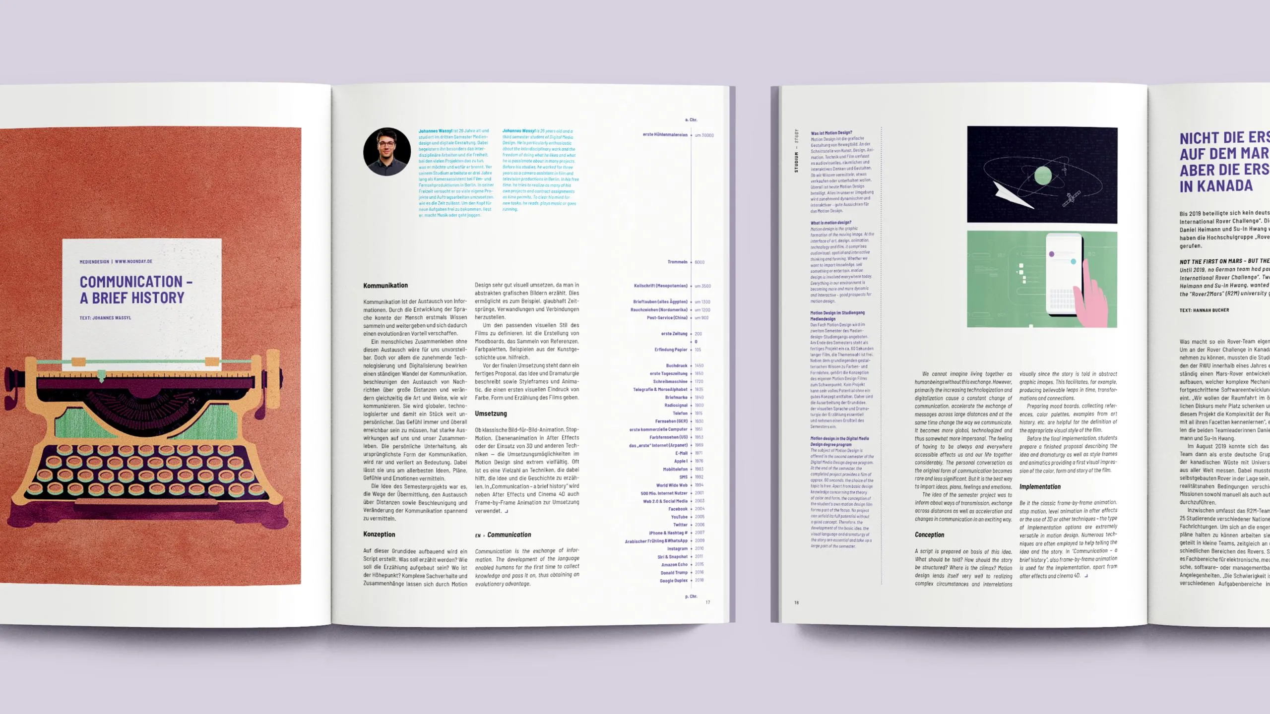 Aufgeschlagenes Magazin mit Textspalten neben roter Schreibmaschine und Kaffeetasse