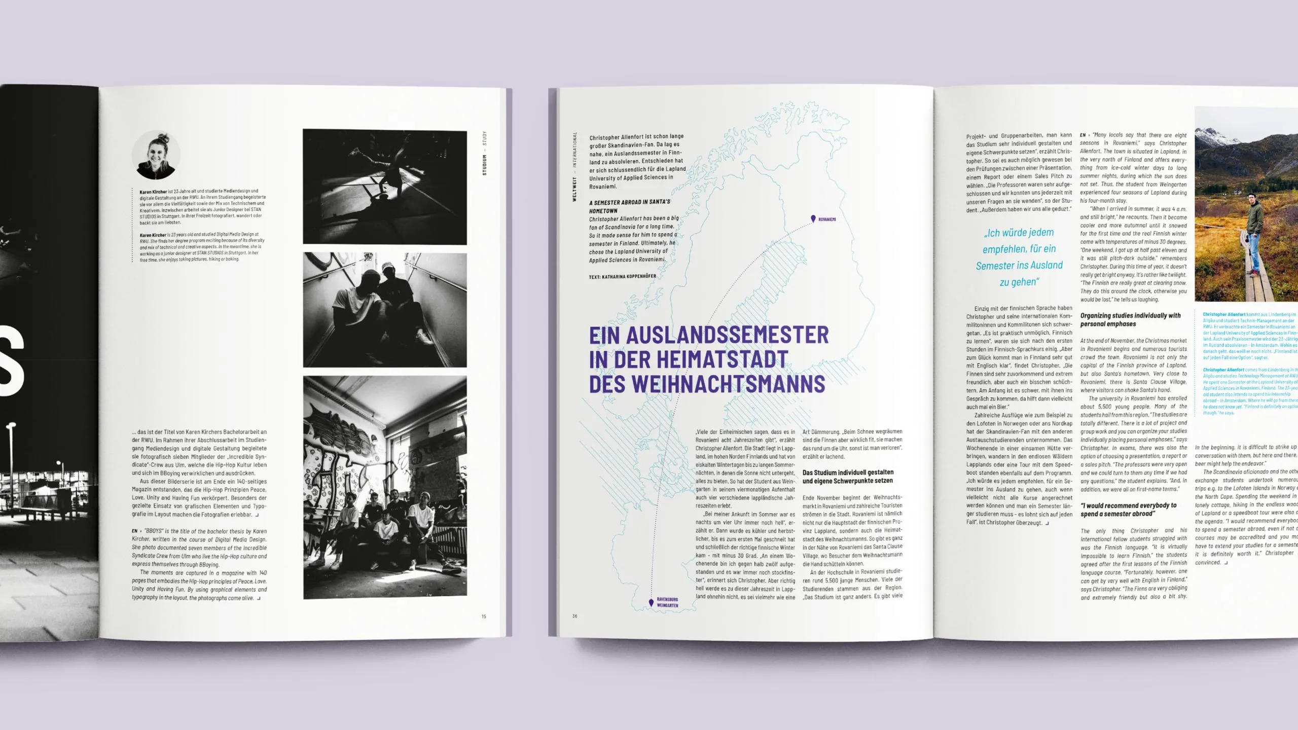 Aufgeschlagenes Magazin mit Architekturfotos und Textseiten