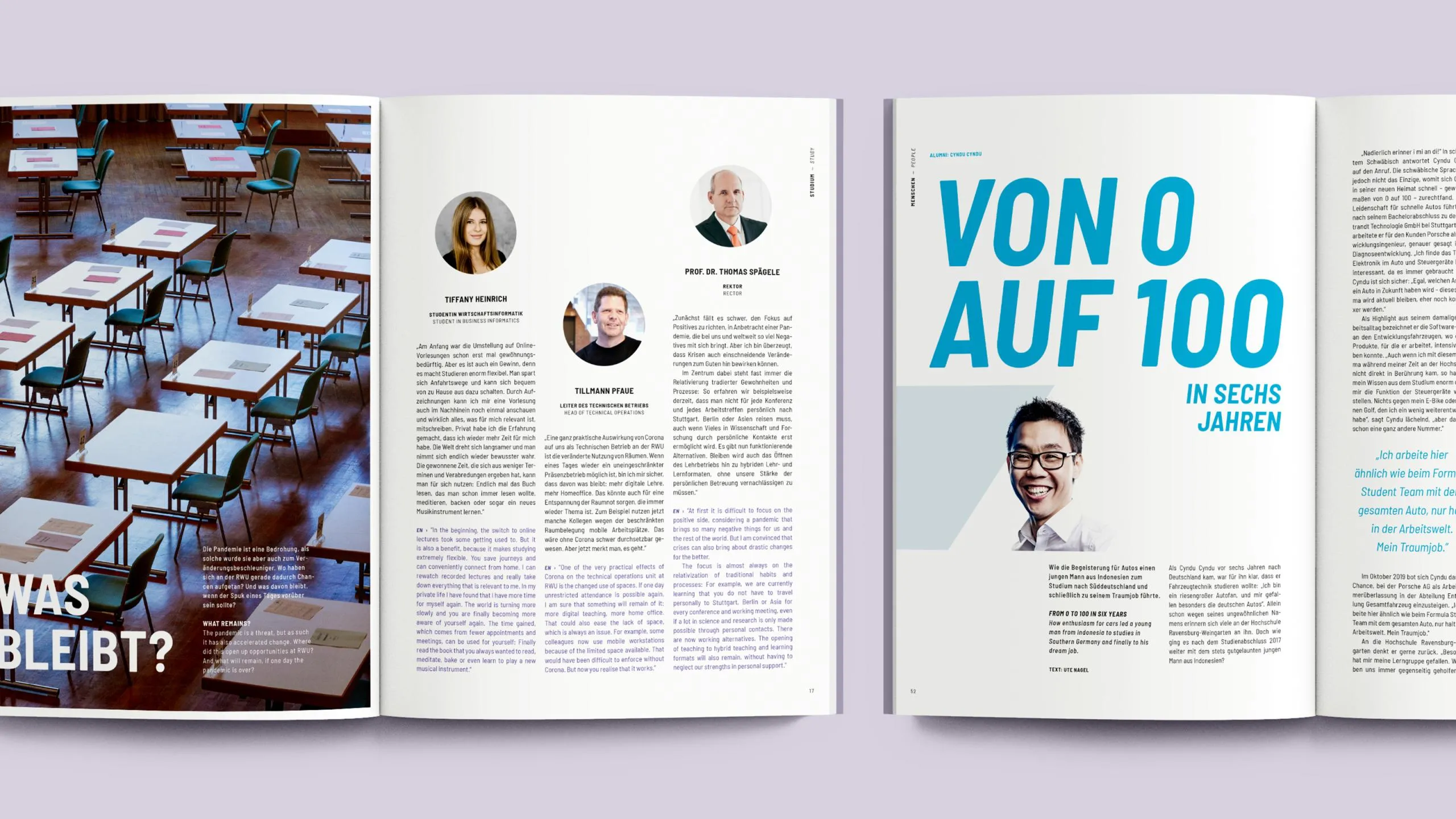 Aufgeschlagene Magazinseiten auf violettem Hintergrund