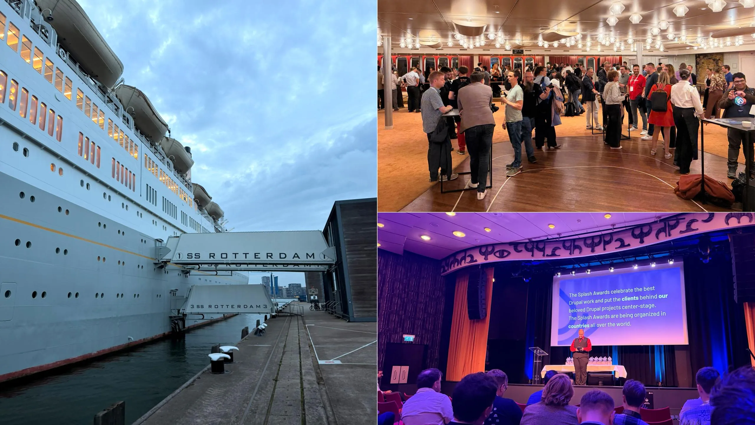 Cruise ship from the outside, reception hall with guests, elegant function room with purple lighting